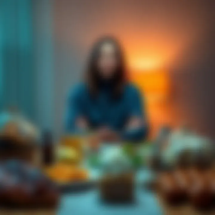 Fasting and Calmness A person sitting peacefully with a calm expression, surrounded by food items on a table, symbolizing fasting and mental clarity.