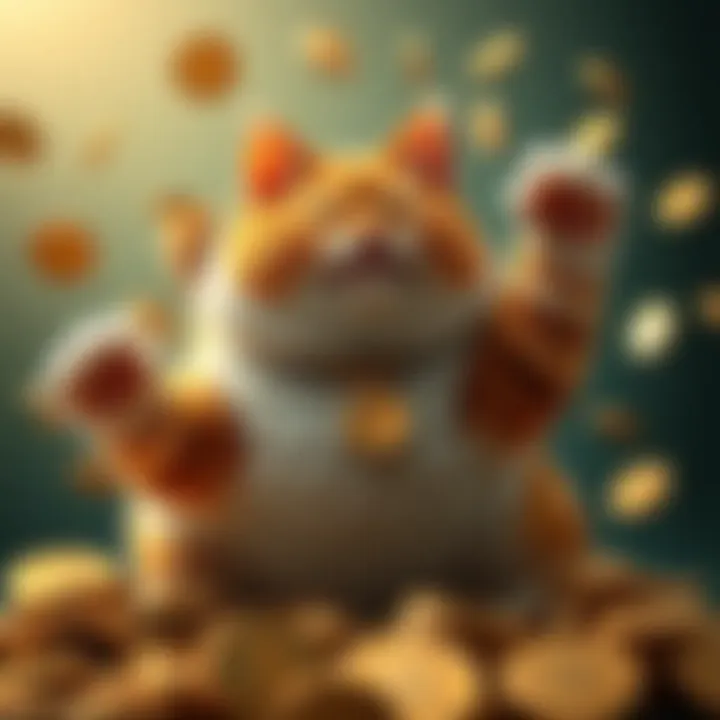 $fatcat Cryptocurrency Symbolism A playful cat symbolizing wealth, surrounded by coins, representing the $fatcat cryptocurrency project.