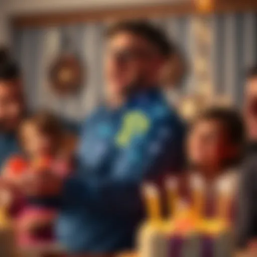 A father excitedly holds a digital device showing Pi tokens while celebrating his birthday with family around him