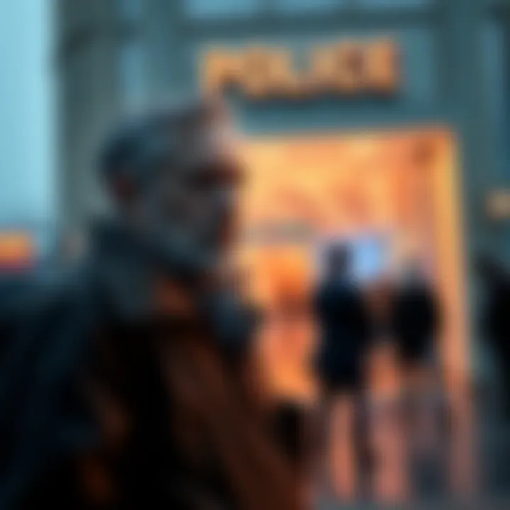 A worried father stands outside a police station, reflecting on the recent arrest of his child, with people discussing nearby.