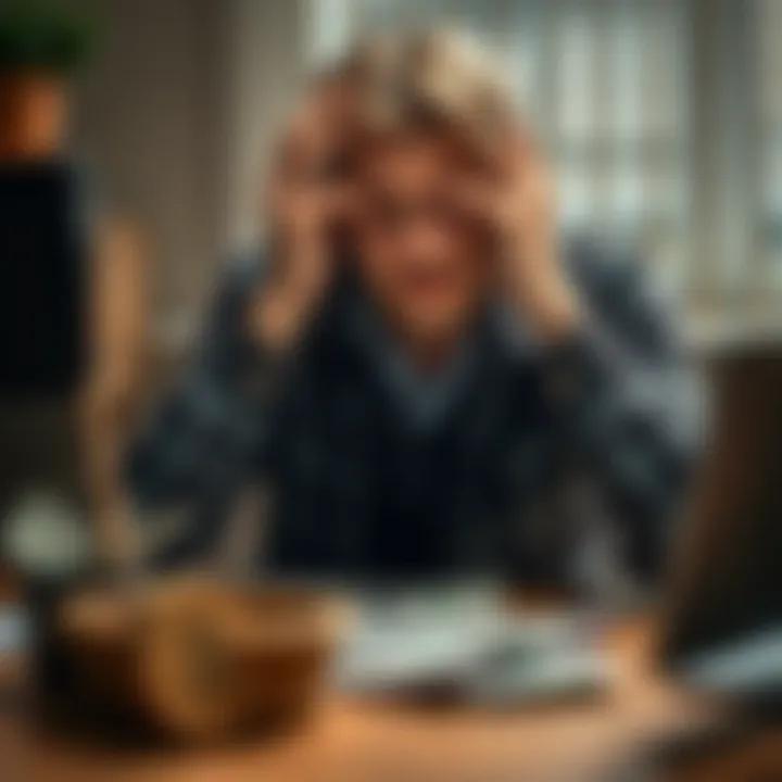 Father in distress after losing life savings A father looks worried and sad, holding his head in his hands, with bills and a computer in front of him that shows a hacking notification.