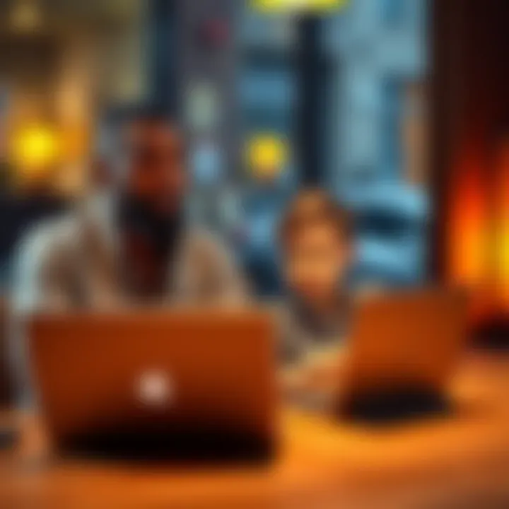 A father and son sit at a table, reviewing Bitcoin investment options on a laptop, showing interest and engagement