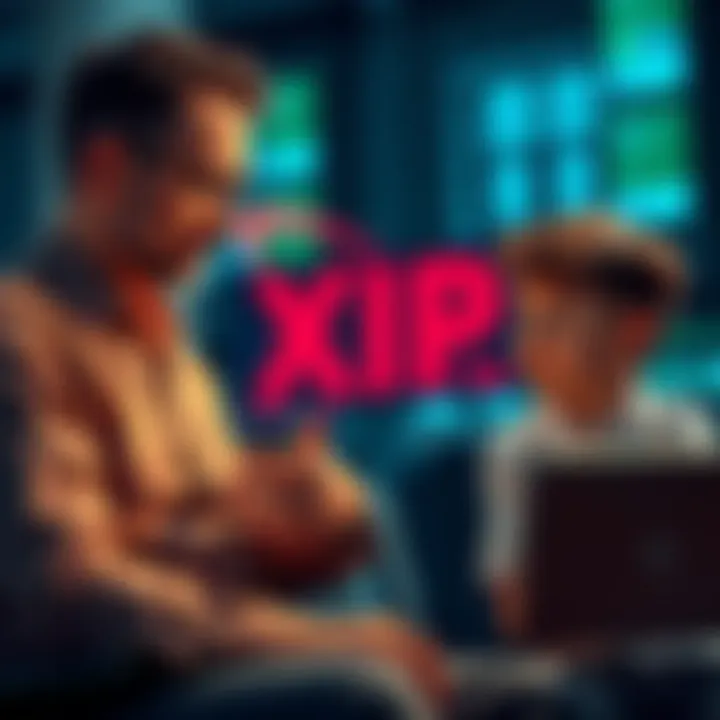 Father and son discussing cryptocurrency A concerned son talks to his father about the risks of investing in XRP, highlighting misinformation and potential scams.