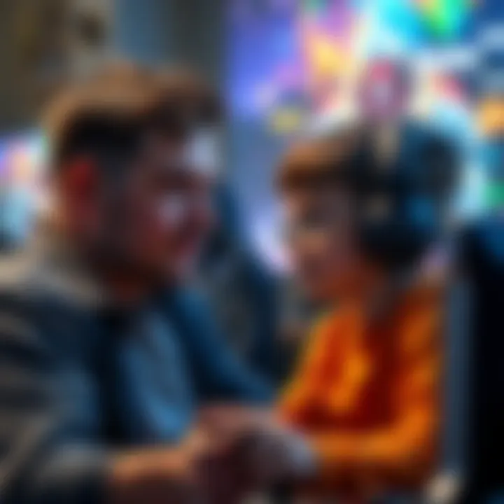 A father looking at his son playing video games, asking if he is winning, with a gaming console and colorful game characters in the background.