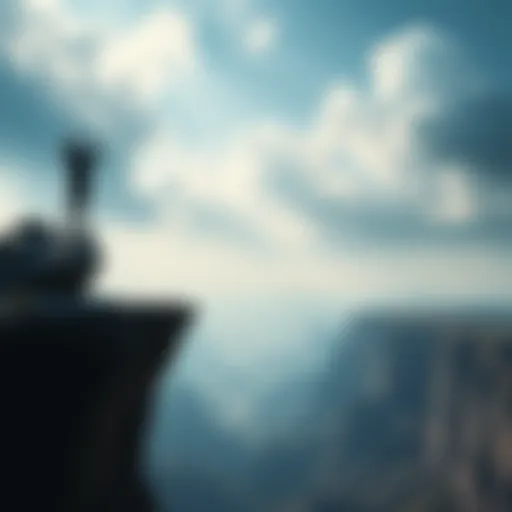 A person standing on a cliff, looking worried and excited, representing the struggle between fear and greed.