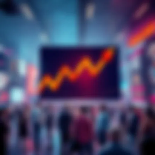 A graphical representation of the fear and greed index, showing fluctuating emotions represented by arrows in a market context with people discussing around it.