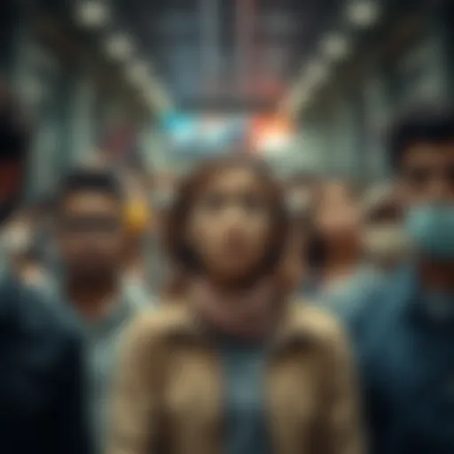 Group of diverse people looking worried and stressed in a public space, reflecting high levels of anxiety
