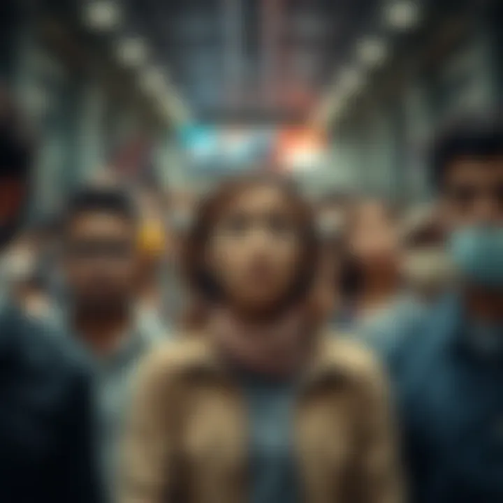 People showing anxiety Group of diverse people looking worried and stressed in a public space, reflecting high levels of anxiety