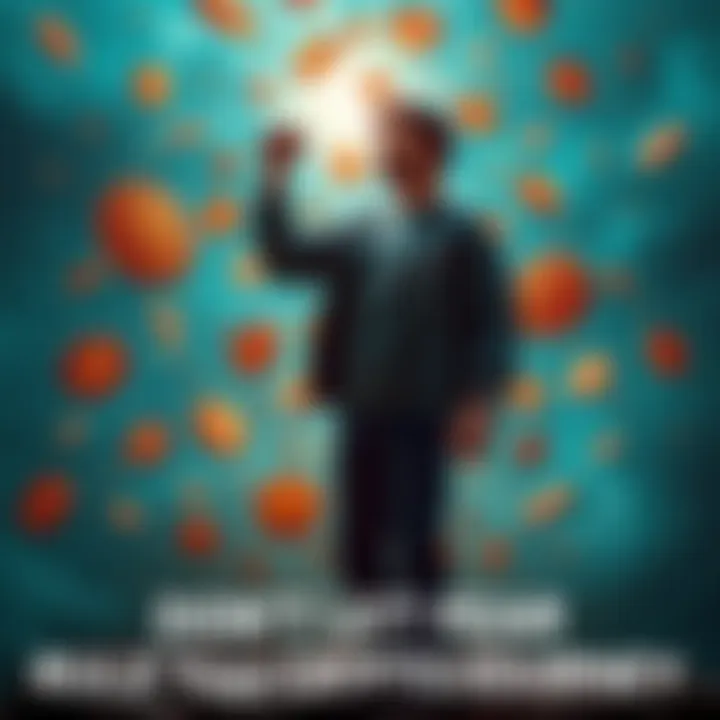 A determined individual standing strong against a storm of digital currency symbols, embodying courage in the crypto market.