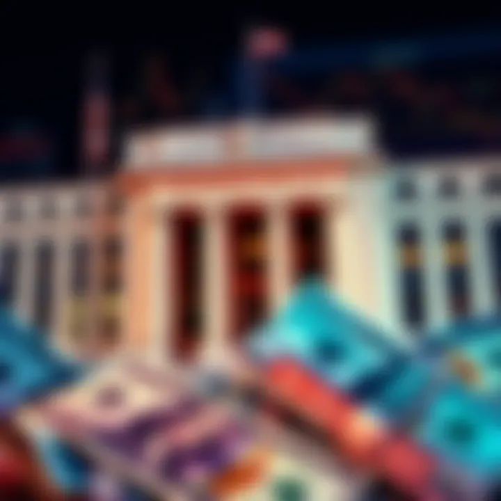 The Federal Reserve's building with financial charts and Treasury bills in the foreground, symbolizing liquidity boosting efforts