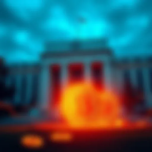 Illustration showing a Federal Reserve building with Bitcoin symbols in the foreground, representing potential monetary easing due to geopolitical tensions with Iran.