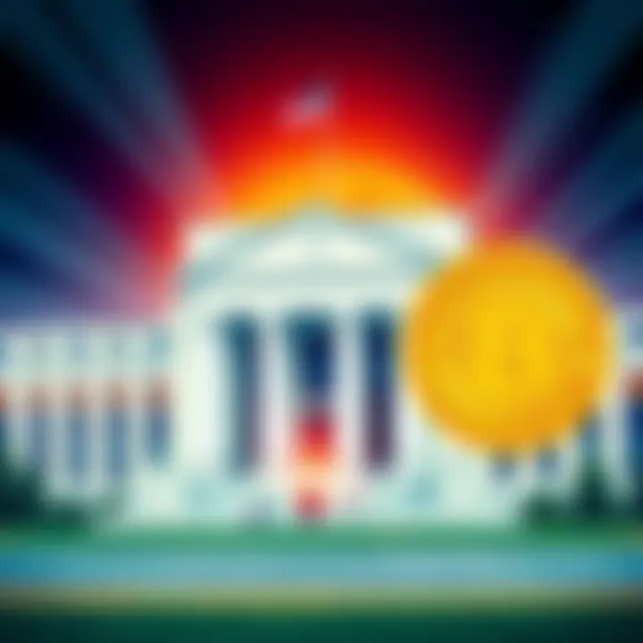 Illustration of the Federal Reserve building alongside a Bitcoin symbol, representing the relationship between government and cryptocurrency.