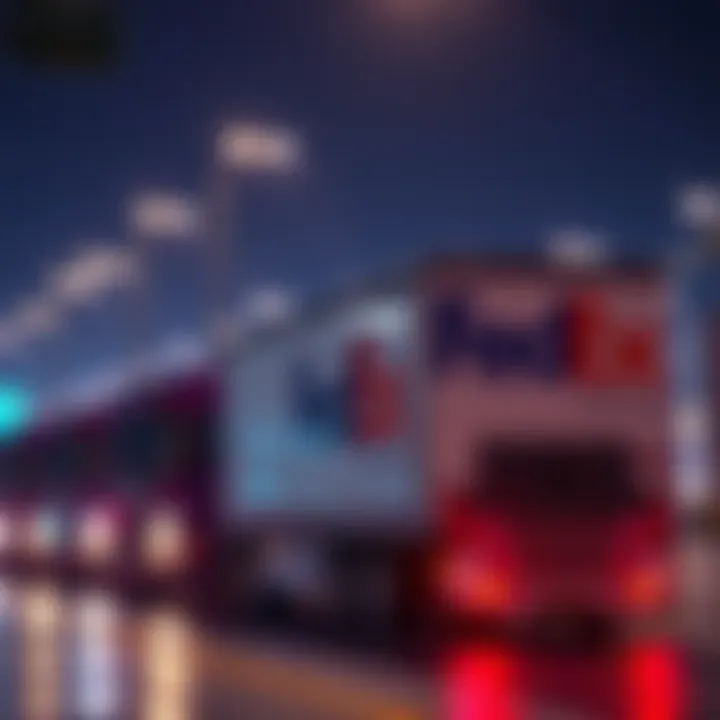 FedEx Competitors Joining Hedera Logistics trucks with FedEx branding and competitors' logos lined up, symbolizing integration into the Hedera platform.