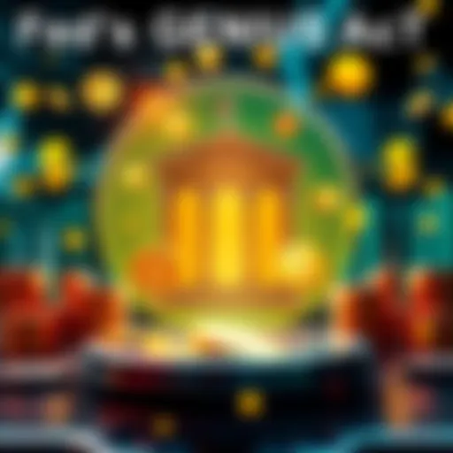 A graphic showing the Fed's GENIUS Act with symbols of stablecoins, finance, and full reserves represented by coins and currency symbols, indicating financial transformation.