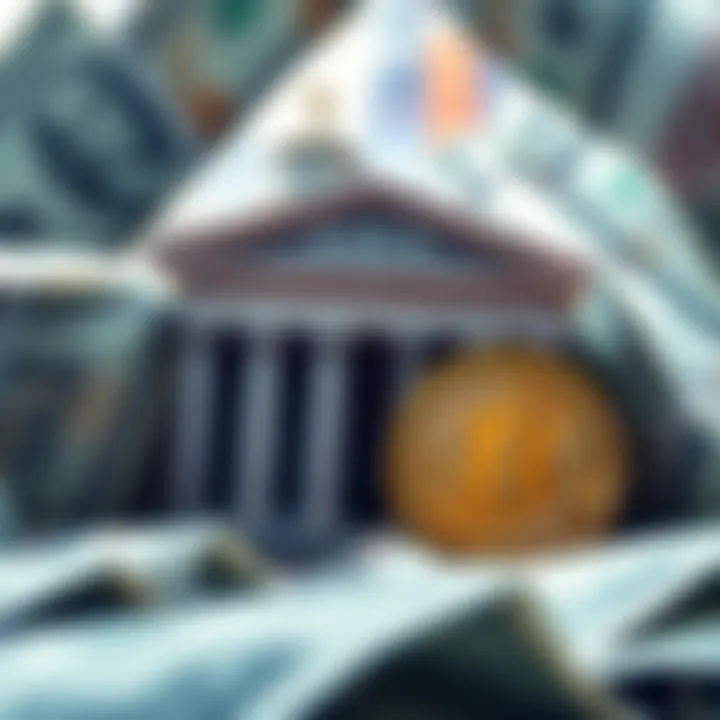 A visual representation of fiat money with dollar bills being overshadowed by a bank building and Bitcoin symbol, illustrating the conflict between traditional currency and digital assets.