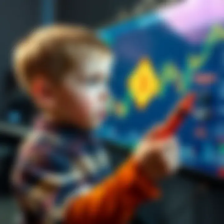 A young boy holding a crayon, looking concerned while pointing at a Bitcoin chart on a screen, symbolizing a warning for investors.