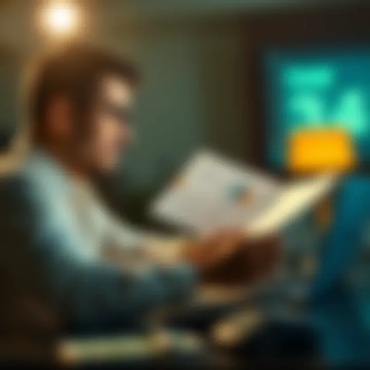 A person reviewing cryptocurrency tax documents, looking thoughtful in front of a laptop, with a calculator and a stack of bills on the desk.