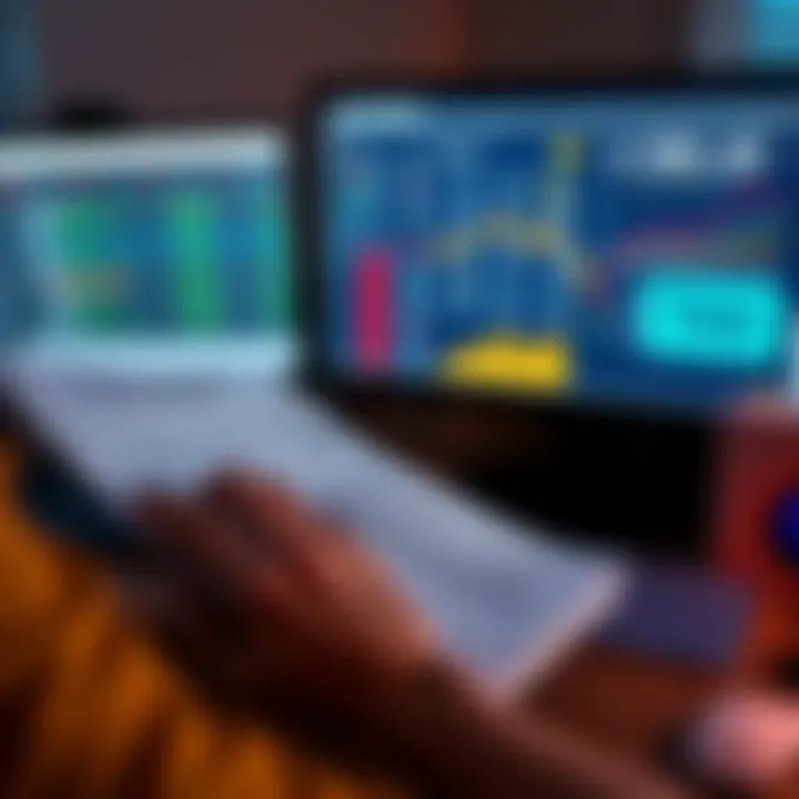 Person reviewing tax documents with cryptocurrency transactions and a computer screen showing tax software assistance