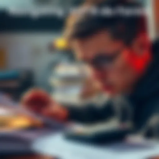 A person looking at tax forms and a calculator with concerned expression