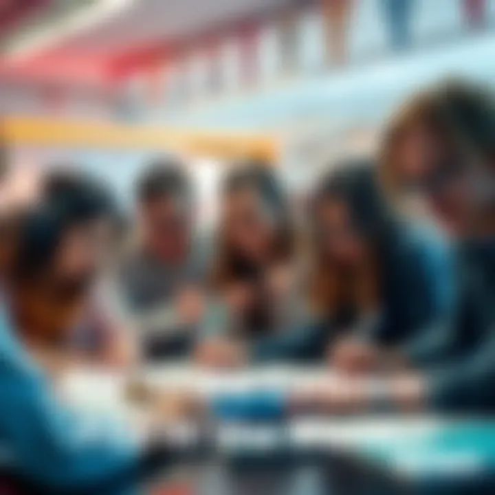 A group of people engaging in a fun activity of filling in blank prompts on paper, showcasing creativity and collaboration.