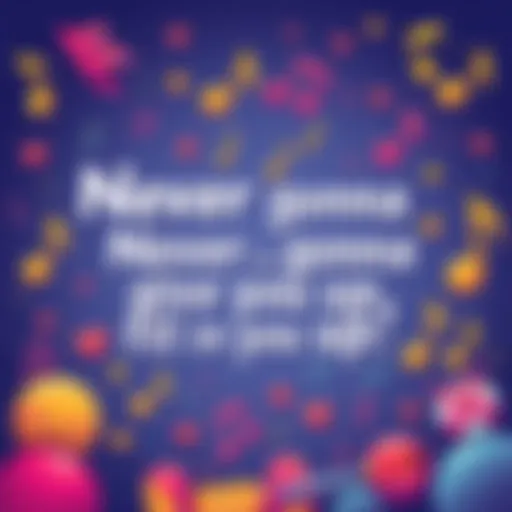 A colorful illustration showing the phrase 'Never gonna ___ ___ ___' with spaces for people to fill in, surrounded by musical notes and cheerful icons, inviting participation.