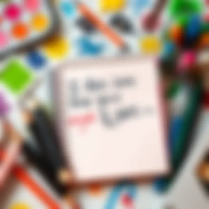 A colorful notepad with the prompt 'I feel like ___' filled with various emotions written in different colors, surrounded by art supplies.