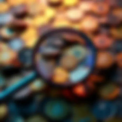 A magnifying glass examining a pile of coins labeled with various token names, highlighting the search for quality meme tokens while avoiding scams.