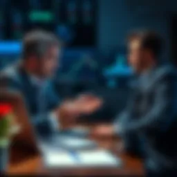 A financial advisor explains investment strategies to a client, showcasing charts and data on a laptop.