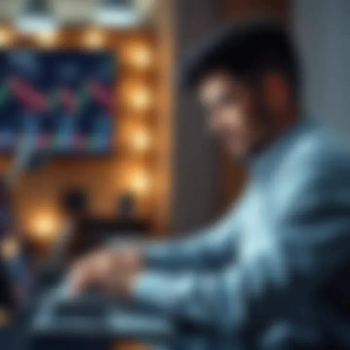 A determined person working on a laptop with financial charts and graphs on the screen, symbolizing entrepreneurship and app development.