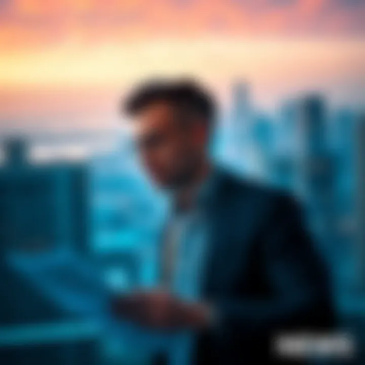 A technology professional looking thoughtful while reviewing financial documents, with a skyline view of a city in the background.