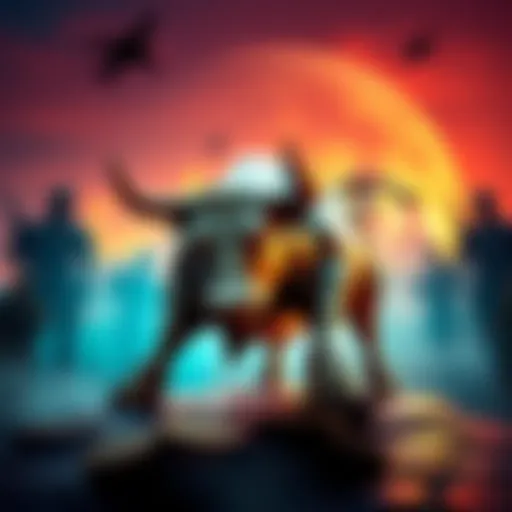 A bull statue representing economic growth with military silhouettes in the background, symbolizing the clash between finance and global conflict.