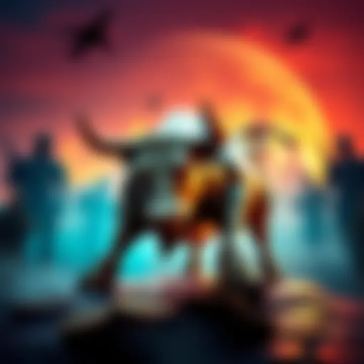 A bull statue representing economic growth with military silhouettes in the background, symbolizing the clash between finance and global conflict.