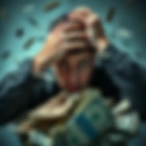 A person holding their head in distress surrounded by bills and financial statements, symbolizing the strain of ongoing financial difficulties.