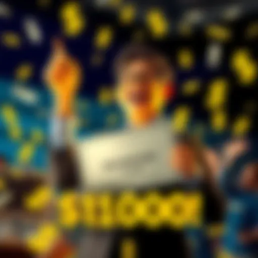 A person celebrating their achievement of reaching a financial milestone, surrounded by dollar signs, holding a certificate, with a joyful expression.