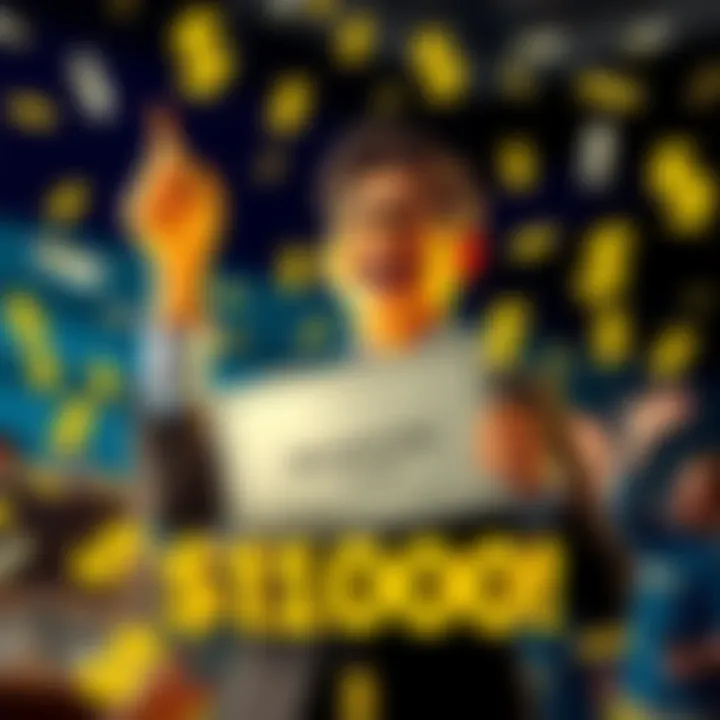 A person celebrating their achievement of reaching a financial milestone, surrounded by dollar signs, holding a certificate, with a joyful expression.