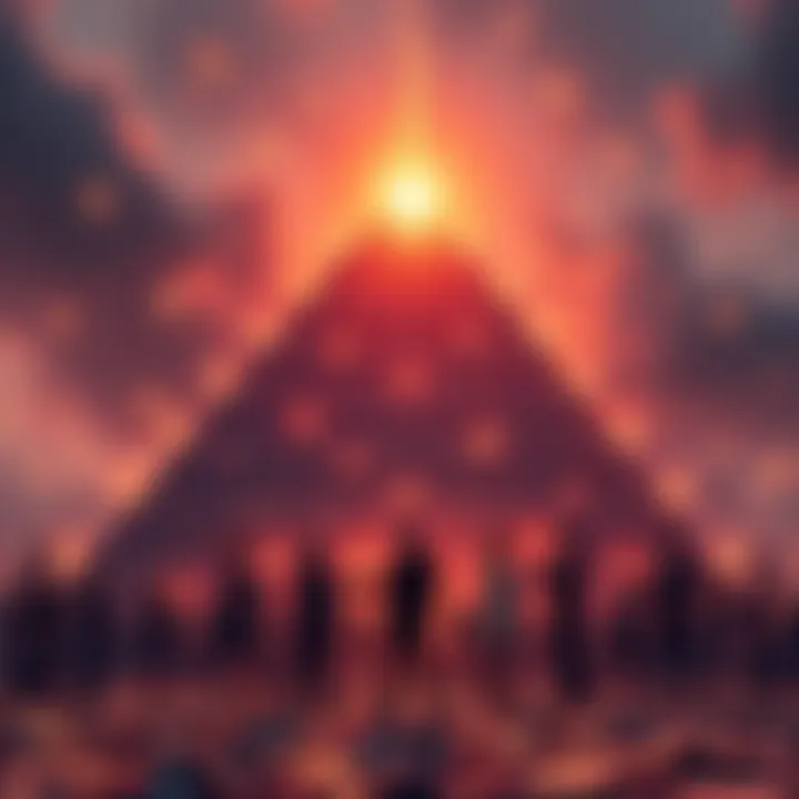 Financial Pyramid Scheme A visual representation of a financial pyramid scheme showing people at different levels with money symbols exchanging hands.