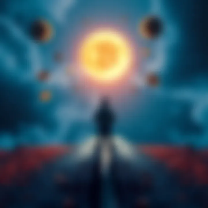 A person standing on a crossroads, contemplating investment choices like crypto symbols and traditional money. The scene represents the decision-making process in the upcoming financial reset.