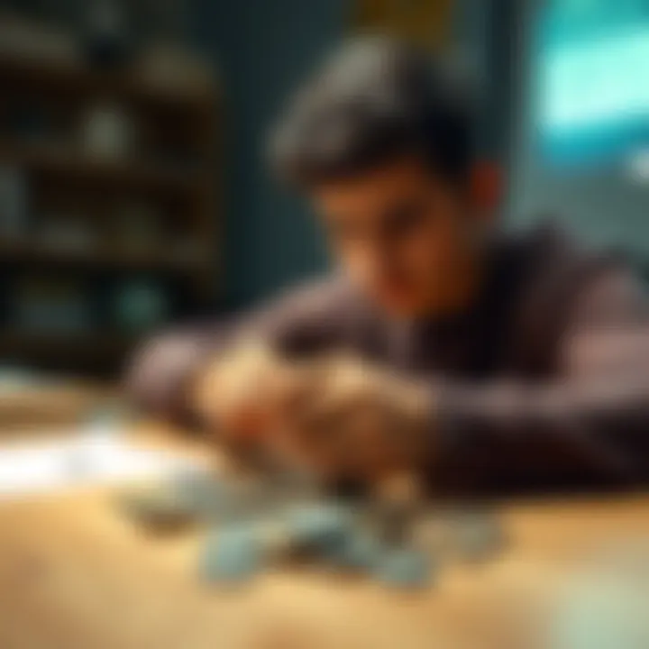 A person looking stressed while counting coins at a table, symbolizing financial difficulties and the mindset of staying poor.