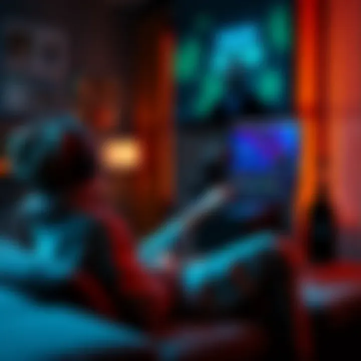 A person sitting on a couch with a laptop streaming a movie, showing ticket prices and discount codes on the screen