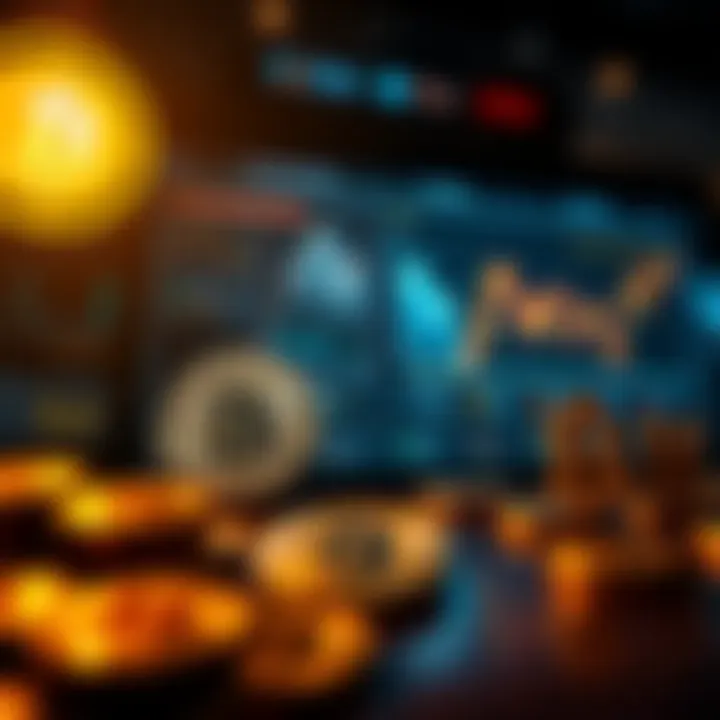 A scene from the documentary 'Finding Satoshi', showing a visual representation of Bitcoin's history with images of coins and charts, highlighting its impact on finance.