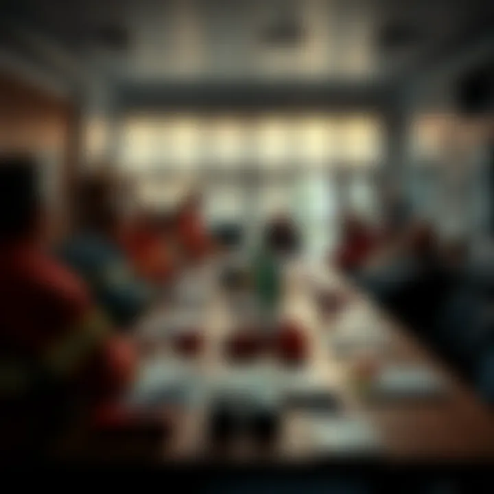 A community meeting discussing fire safety with pamphlets and safety equipment displayed on a table