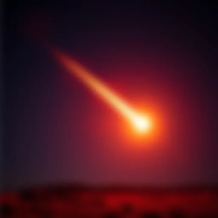 A bright fireball meteorite streaks across the night sky, illuminating the dark landscape below.