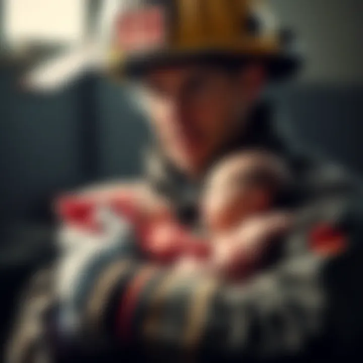 A firefighter holding his newborn baby, struggling to balance work and family life, showing emotion on his face.