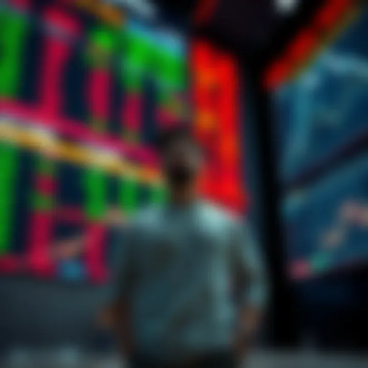 A person standing confidently in front of a stock market screen, expressing determination not to sell assets amidst market changes.