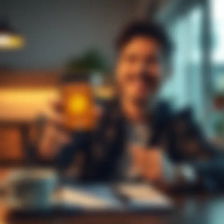 First Bitcoin Purchase A person smiling while holding a smartphone showing a Bitcoin wallet app, with a coffee cup and notepad on the table.
