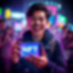 A person smiling and holding a digital device displaying their first NFT, surrounded by vibrant digital art