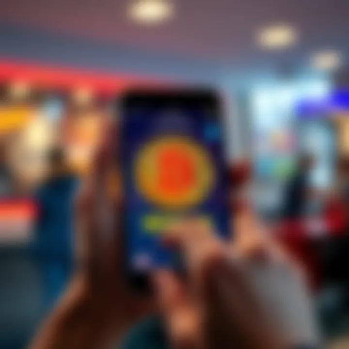 First Bitcoin Purchase A person holding a smartphone displaying Bitcoin on the screen, with a look of satisfaction and excitement