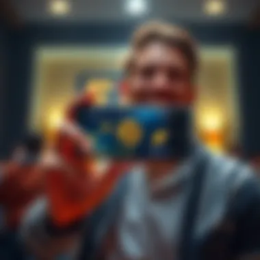 Person celebrating their first Bitcoin purchase with a smile, holding a smartphone displaying Bitcoin graphics