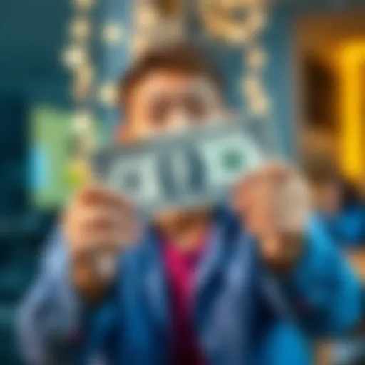 A person holding a dollar bill with a big smile, celebrating their first earnings.