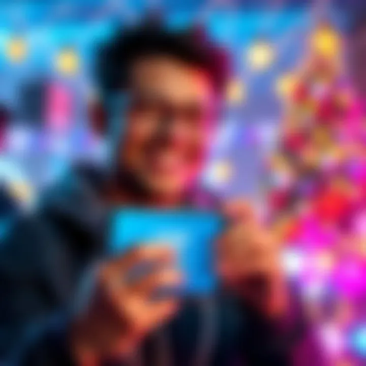 A happy individual holding a smartphone showing an XRP purchase confirmation, with a festive background